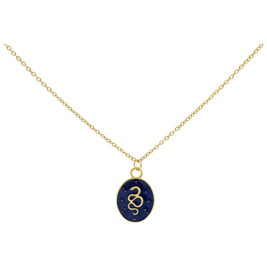 Goldene Kette mit blauem ovalem Anhänger und Schlangenmotiv auf weißem Hintergrund