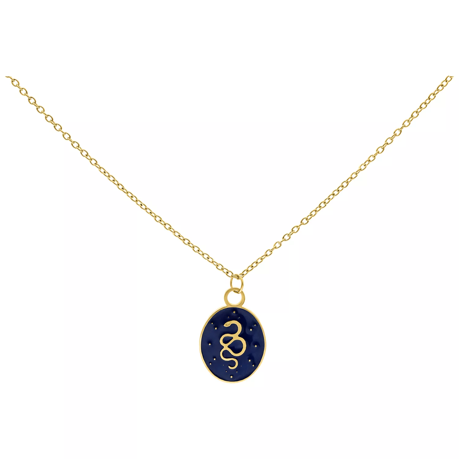 Goldene Mystic Snake Kette mit blauem Anhänger Goldene Kette mit blauem ovalem Anhänger und Schlangenmotiv auf weißem Hintergrund