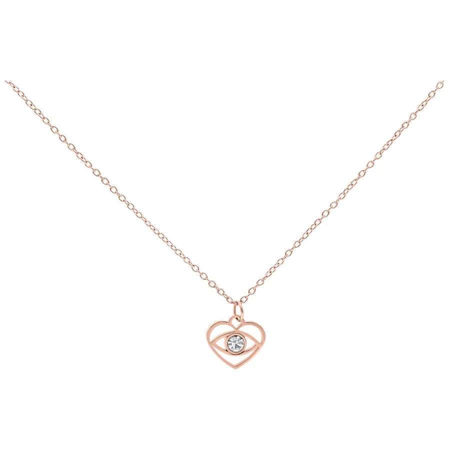 Roségoldene Kette mit kleinem Auge-Anhänger und klarem Kristall auf weißem Hintergrund