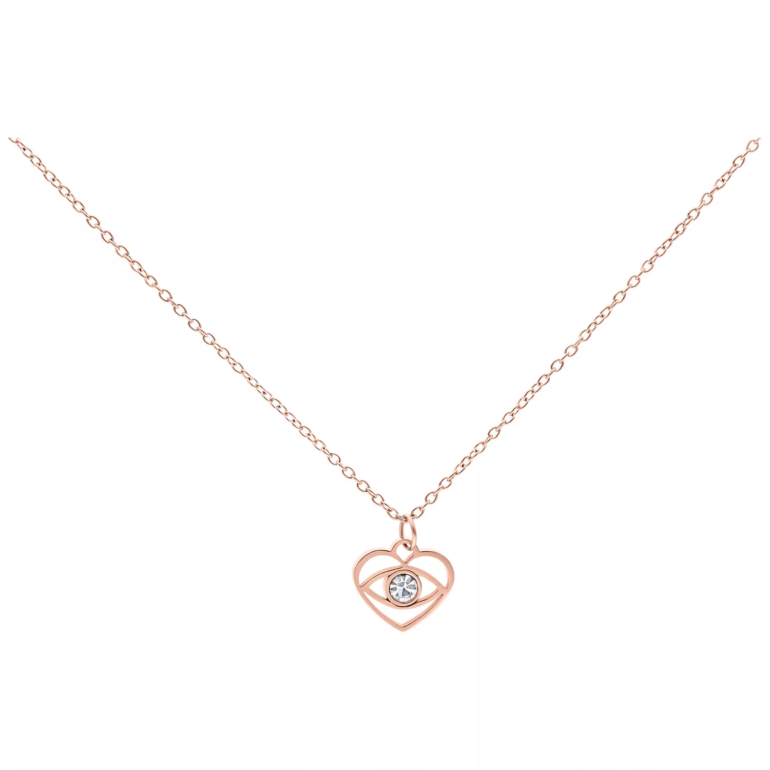 Little Dangling Eye Kette Roségold 50cm Roségoldene Kette mit kleinem Auge-Anhänger und klarem Kristall auf weißem Hintergrund