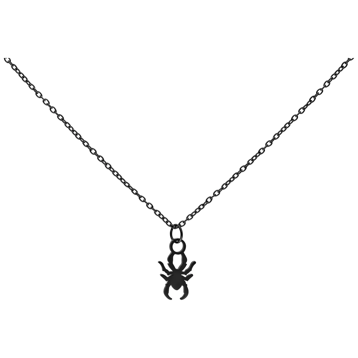 Schwarze Little Spider Kette aus Chirurgenstahl Schwarze Kette mit Spinnenanhänger aus Chirurgenstahl auf weißem Hintergrund