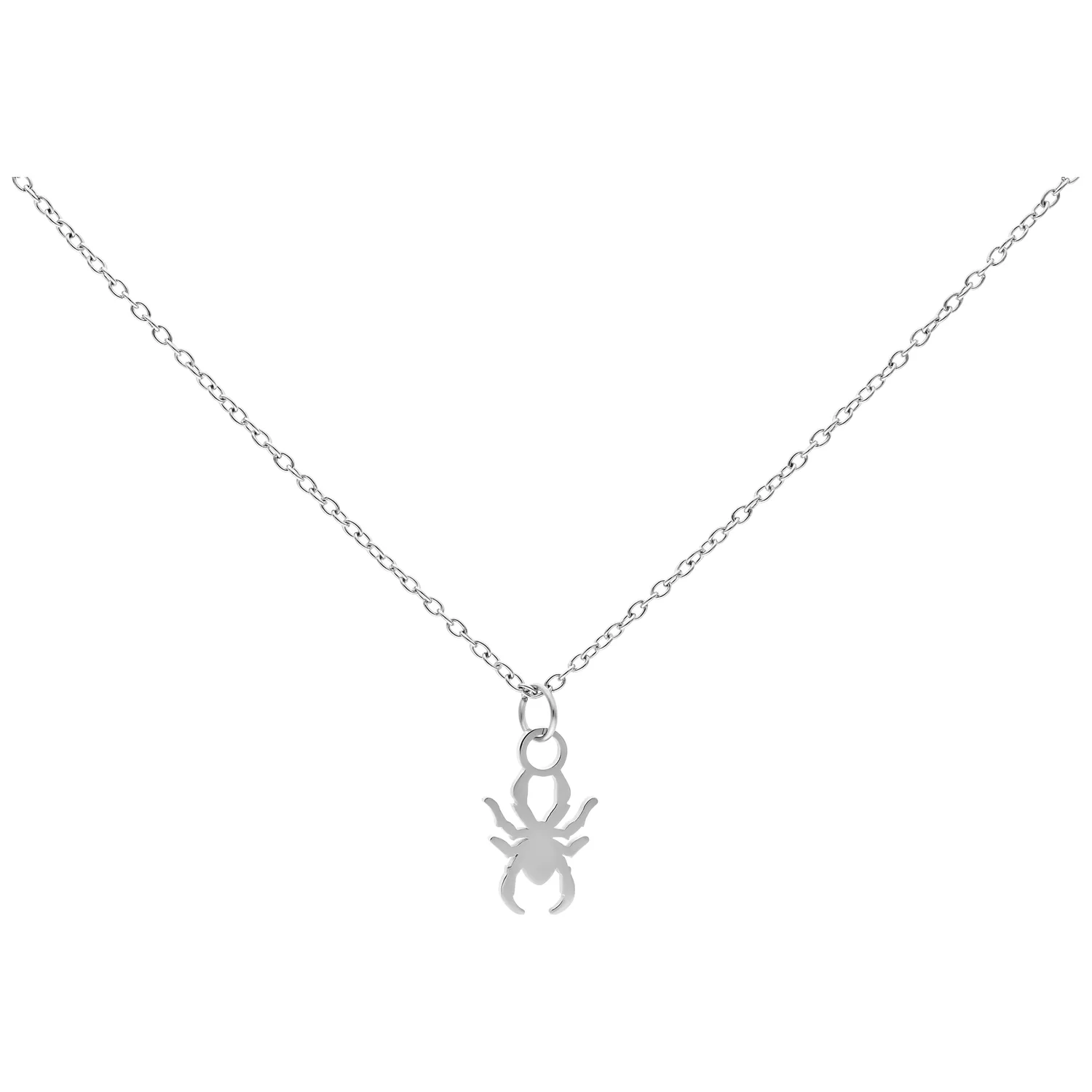 Little Spider Kette aus Chirurgenstahl Silberne Kette mit kleinem Spinnenanhänger auf weißem Hintergrund