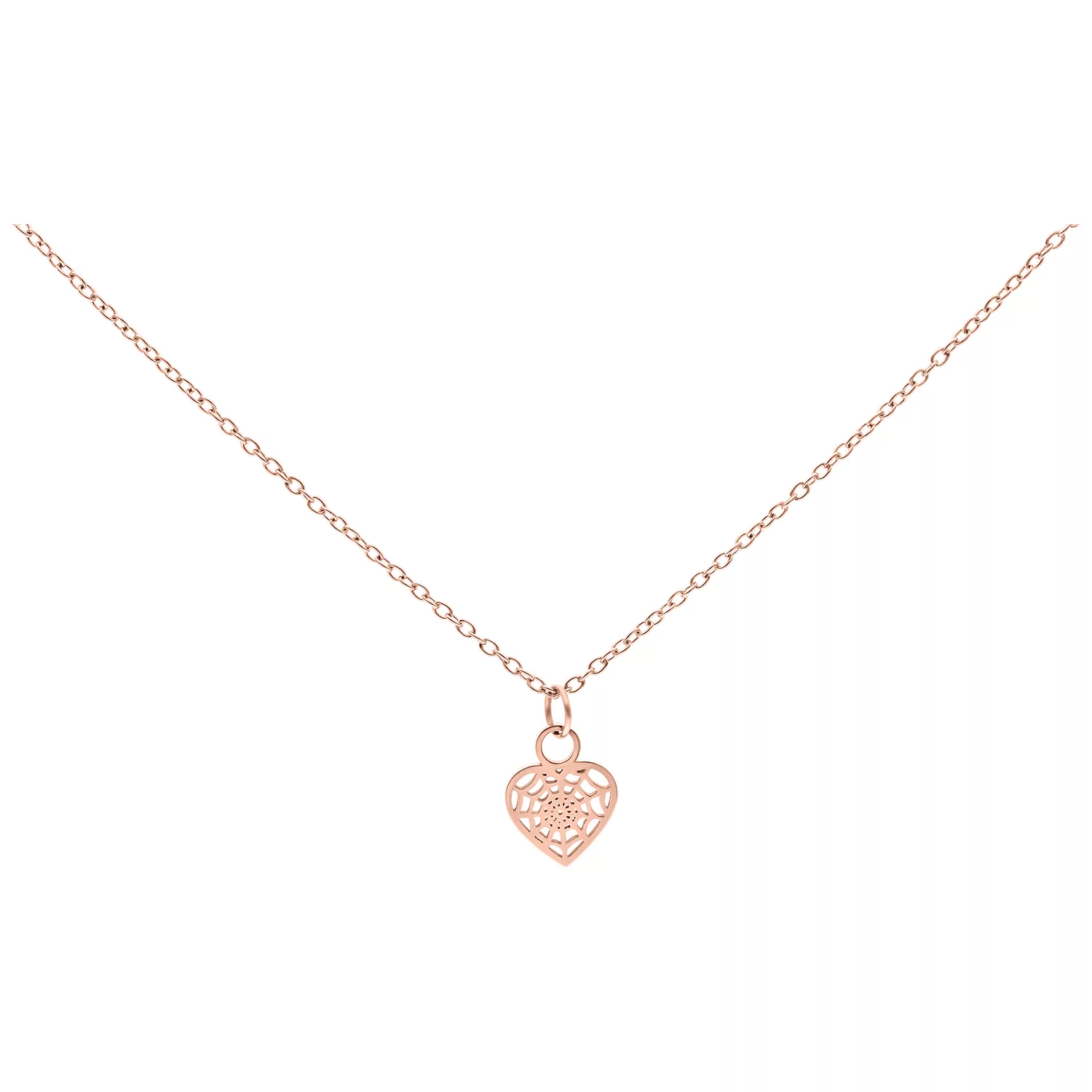 Roségoldene Kette mit filigranem Herzanhänger auf weißem Hintergrund