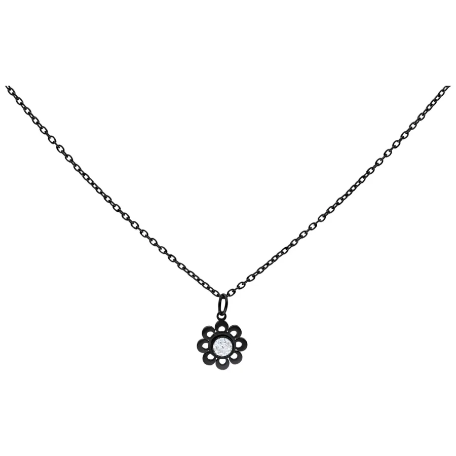 Schwarze Kette aus Chirurgenstahl mit Blumenanhänger und klarem Kristall auf weißem Hintergrund