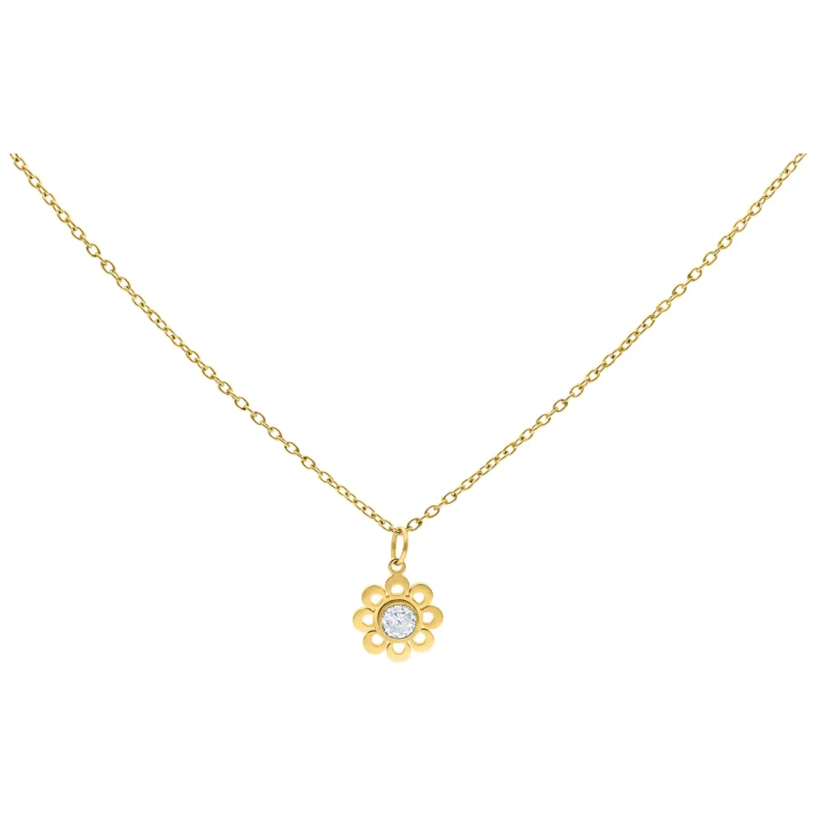 Goldene Kette mit blumenförmigem Kristallanhänger auf weißem Hintergrund