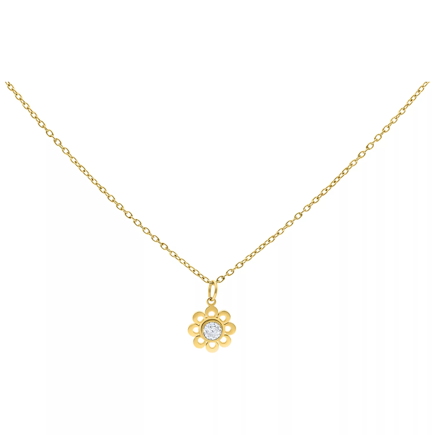 Crystal Flower Kette in Gold, 50 cm Goldene Kette mit blumenförmigem Kristallanhänger auf weißem Hintergrund