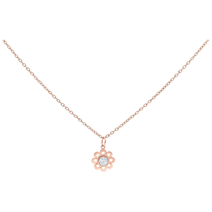 Roségoldene Kette mit Blütenanhänger und klarem Kristall auf weißem Hintergrund
