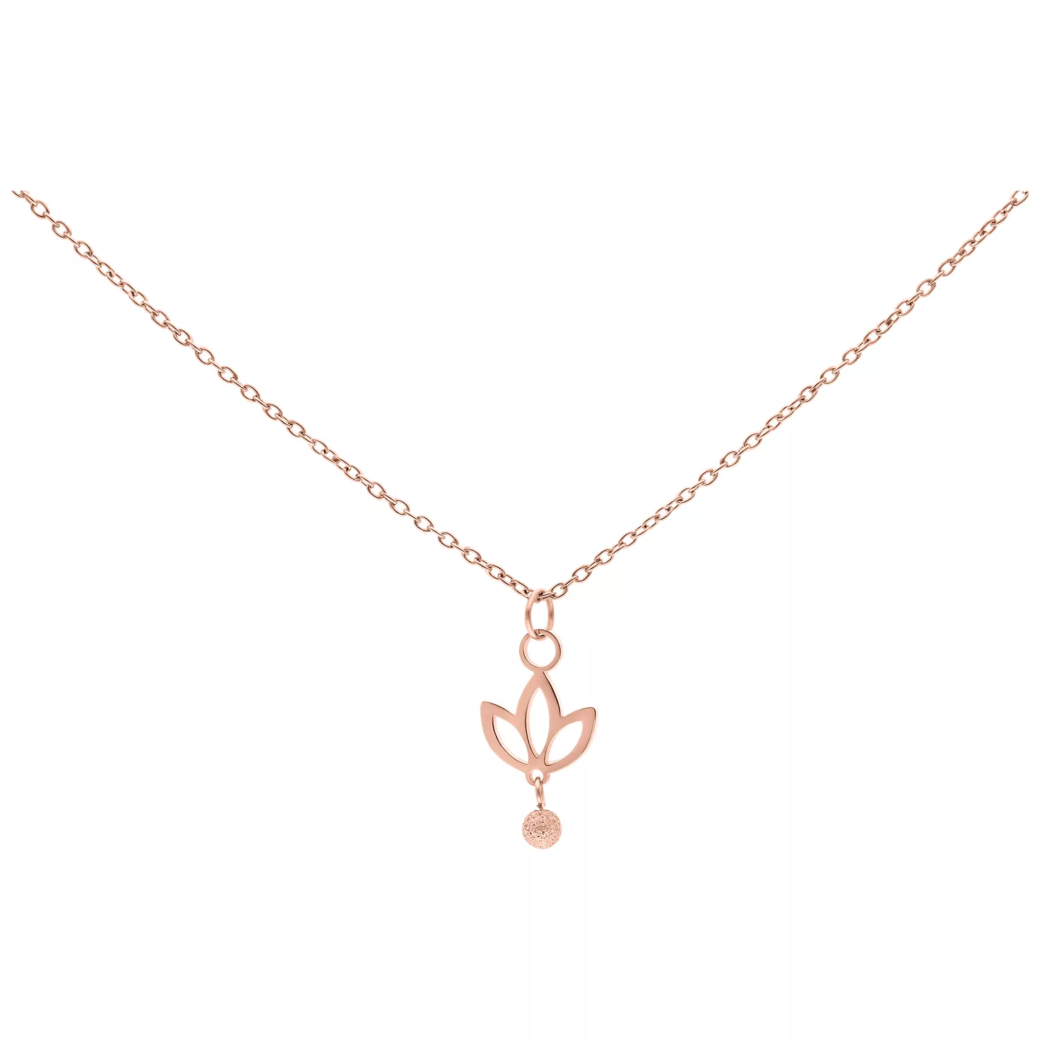 Dangling Lily Kette in Roségold Roségoldene Kette mit hängendem Lilien-Anhänger auf weißem Hintergrund