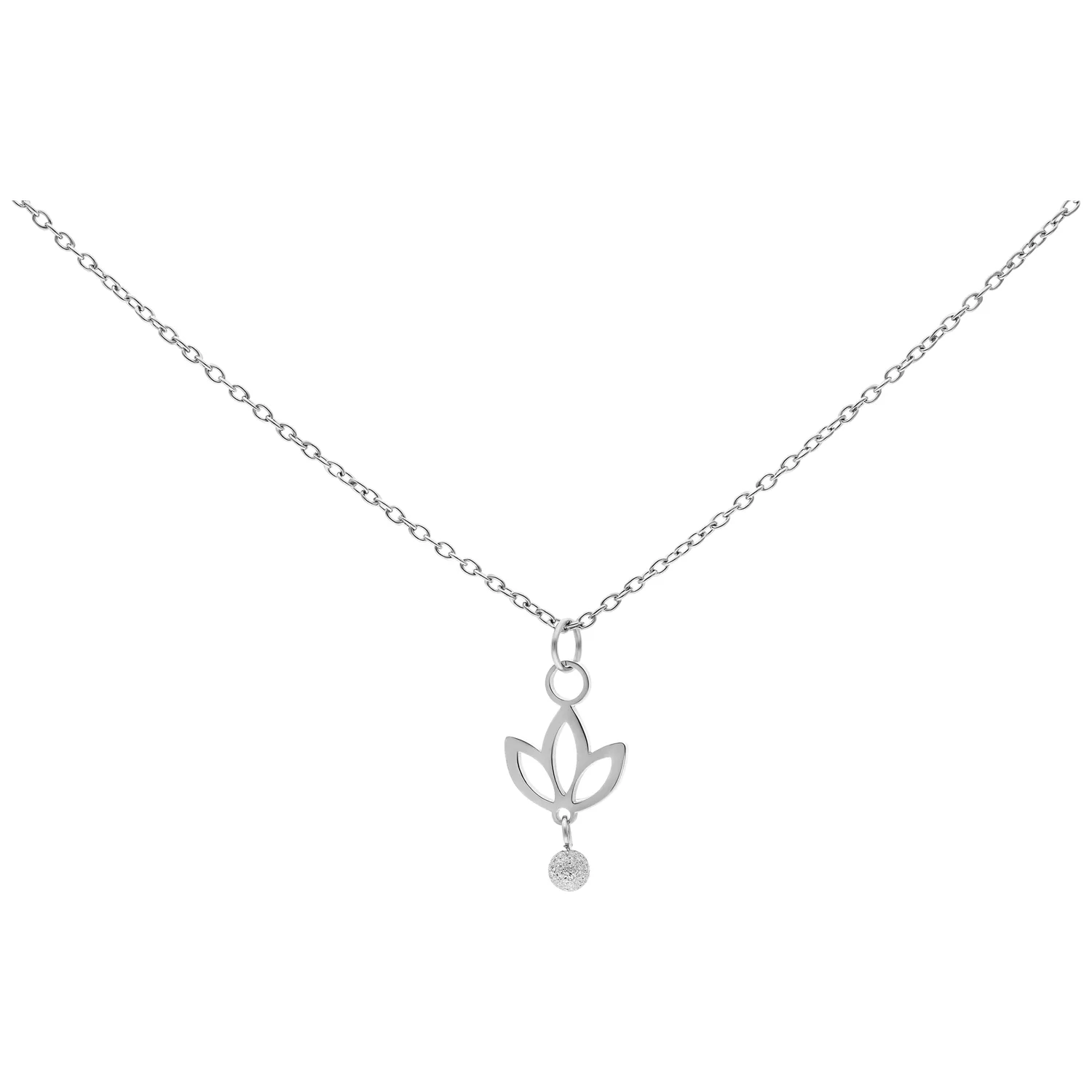 Dangling Lily Kette aus Chirurgenstahl 316L Silberne Kette mit hängendem Lilien-Anhänger auf weißem Hintergrund