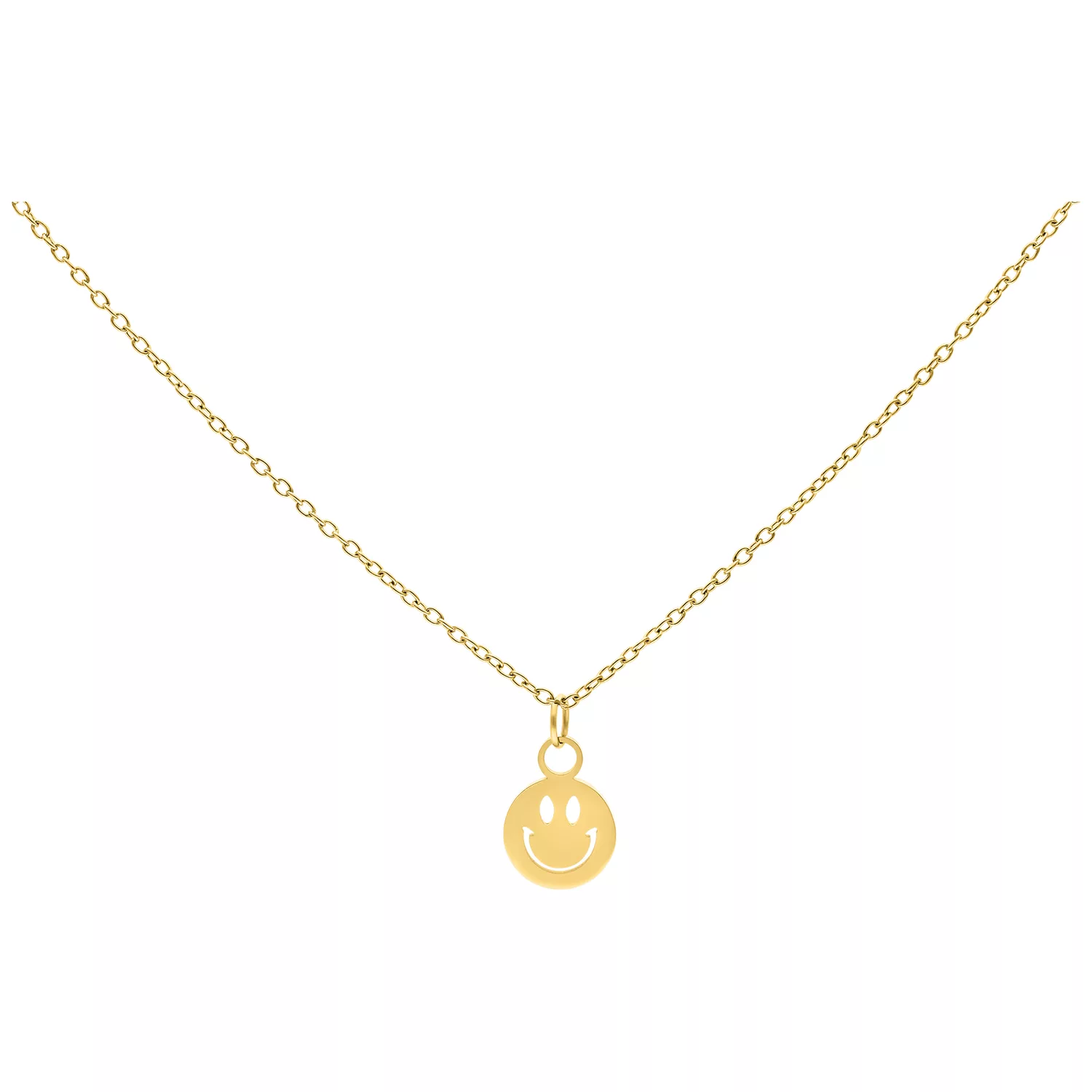 Goldene Smiley Kette aus Chirurgenstahl Goldene Kette mit Smiley-Anhänger auf weißem Hintergrund
