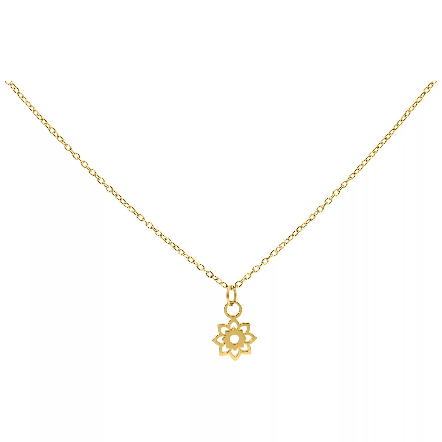 Goldene Little Sunflower Kette aus Chirurgenstahl Goldene Kette mit kleinem Sonnenblumen-Anhänger auf weißem Hintergrund