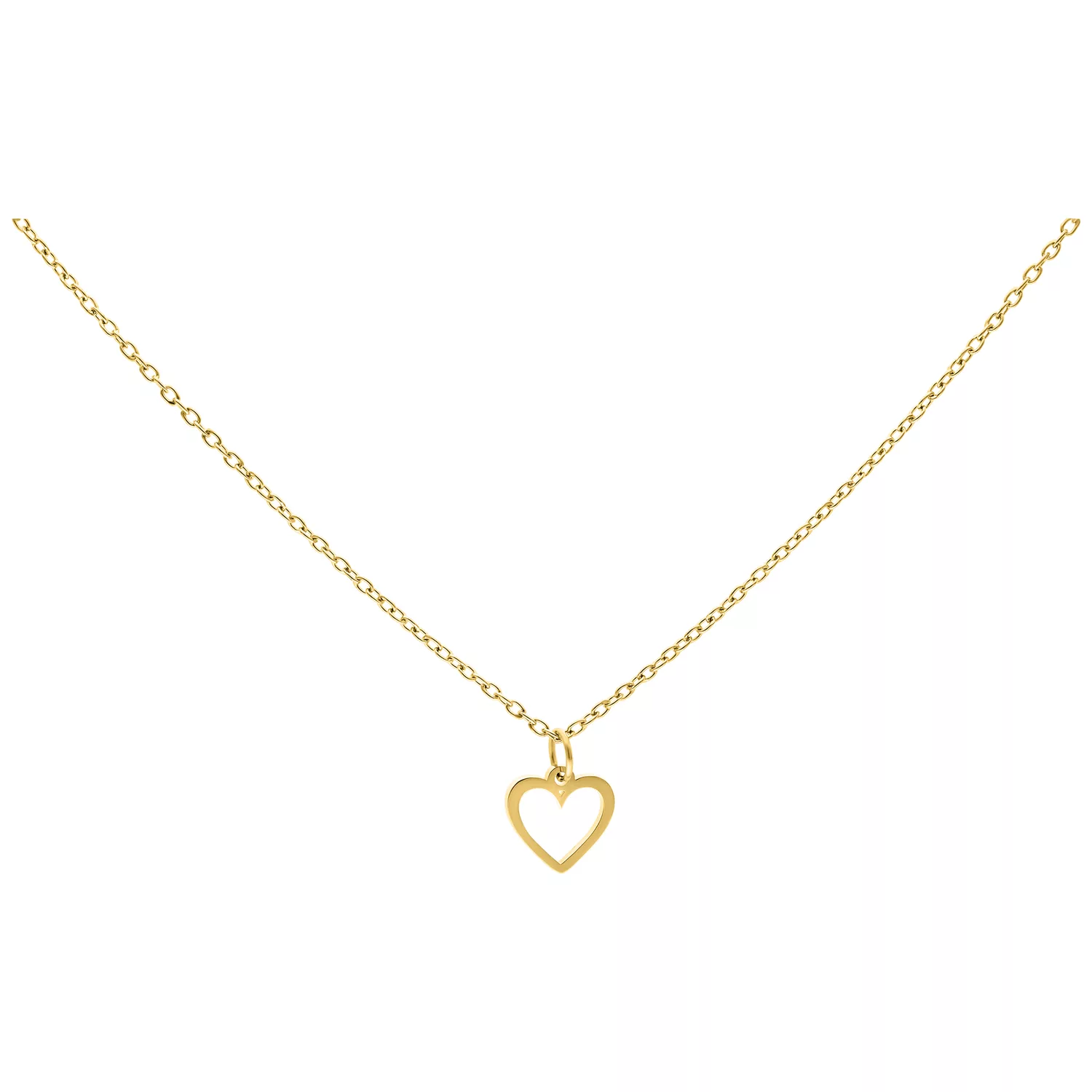 Feine goldene Kette mit herzförmigem Anhänger vor weißem Hintergrund