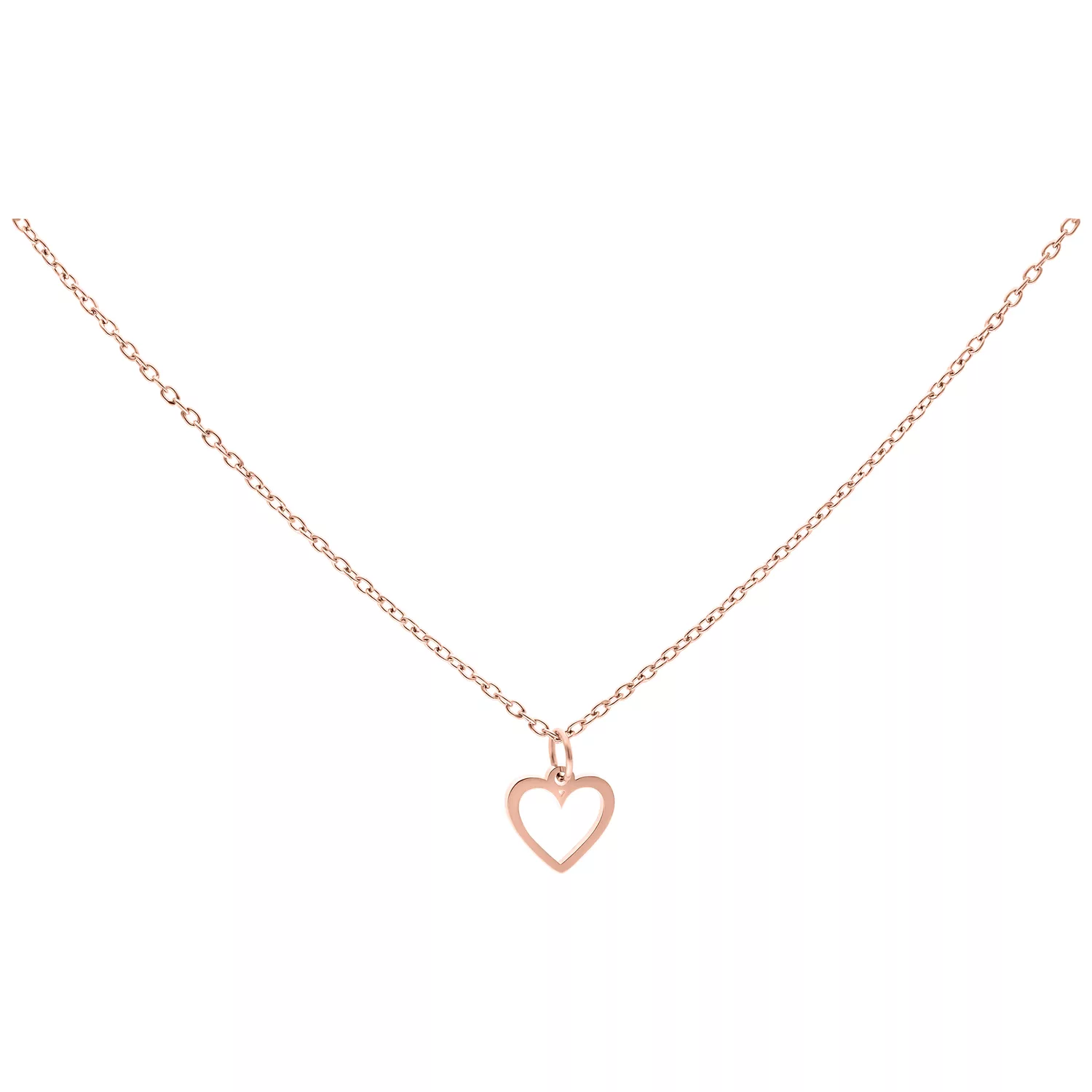 Kette aus Chirurgenstahl in Roségold mit kleinem Herzanhänger auf weißem Hintergrund