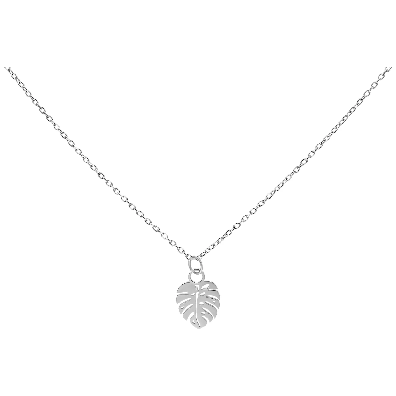 Silberne Kette mit Monstera-Blatt-Anhänger auf weißem Hintergrund