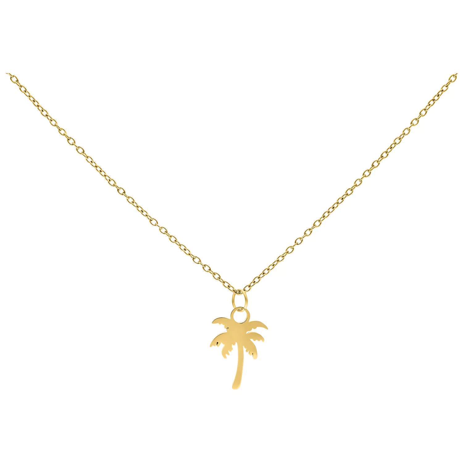 Goldene Palm Kette aus Chirurgenstahl 50cm Goldene Kette mit Palmenanhänger auf weißem Hintergrund, 50 cm lang