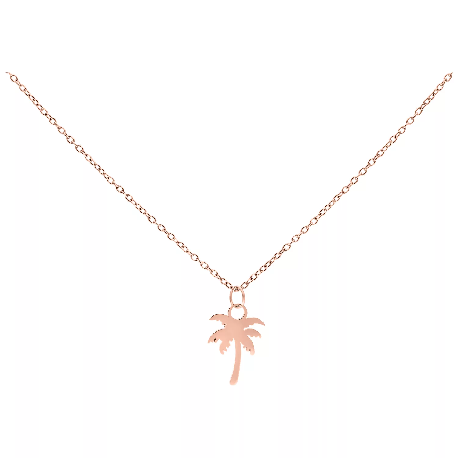 Palm Kette in Roségold von Wildcat Roségoldene Kette mit Palmenanhänger auf weißem Hintergrund