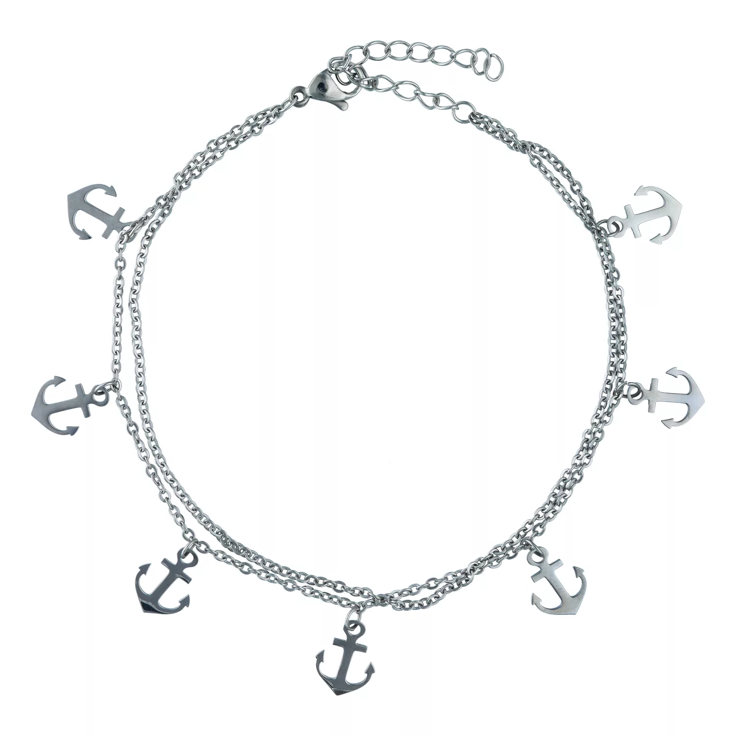 Silbernes Anchor Fußkettchen mit verstellbarem Verschluss Silbernes Fußkettchen mit kleinen Ankeranhängern auf weißem Hintergrund