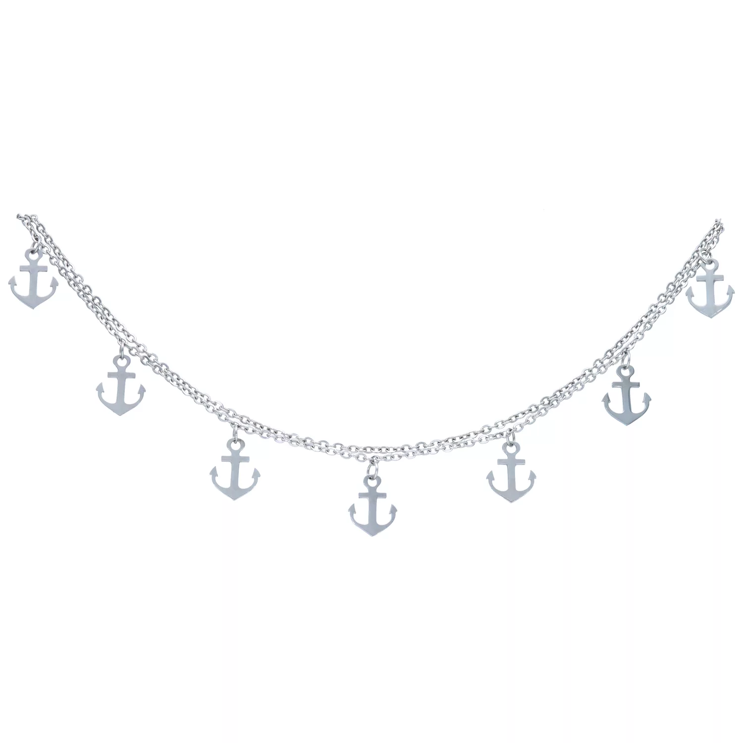 Silbernes Anchor Fußkettchen mit Ankeranhängern Silberne Fußkette mit kleinen Ankeranhängern auf weißem Hintergrund