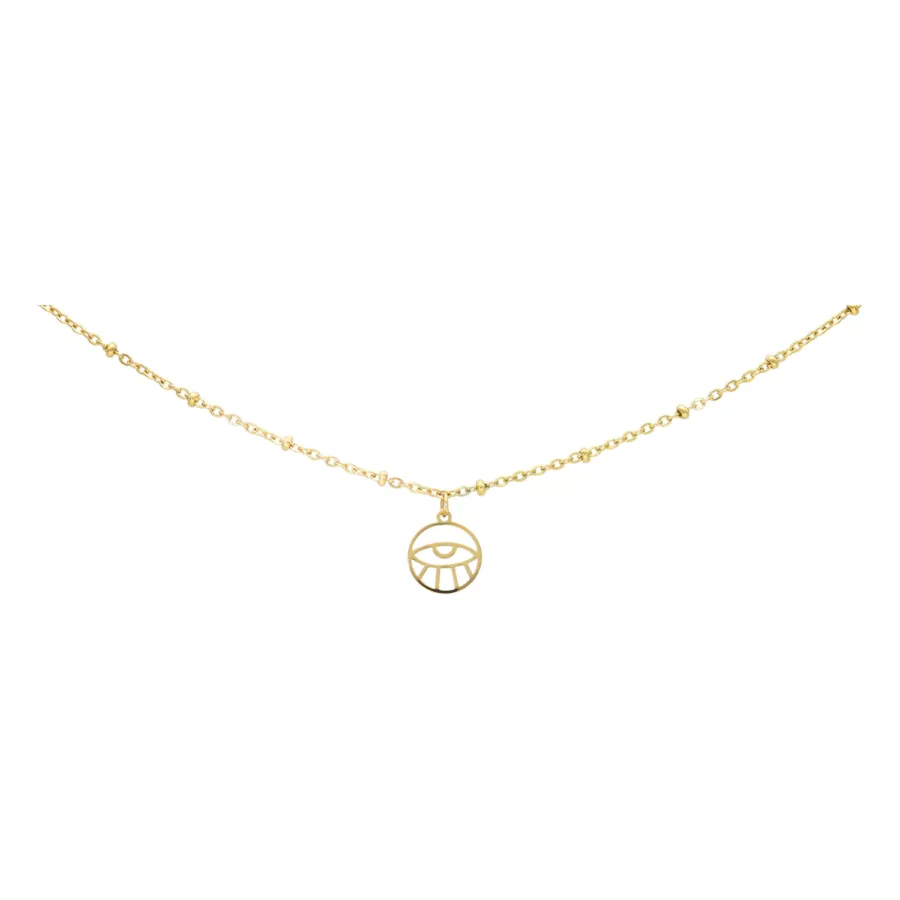Filigrane goldene Fußkette mit Eye-Anhänger auf weißem Hintergrund