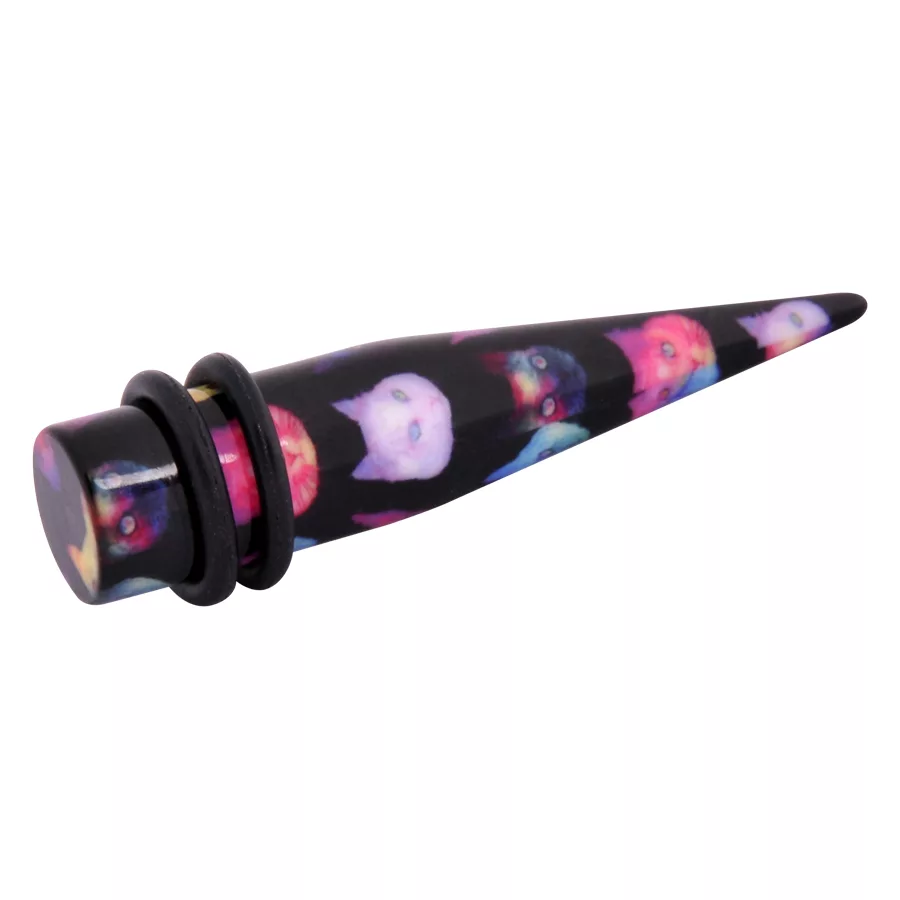 Schwarzer Galaxy Cat Dehnstab aus Acryl Schwarzer Acryl-Dehnstab mit bunten Katzenmotiven auf weißem Hintergrund