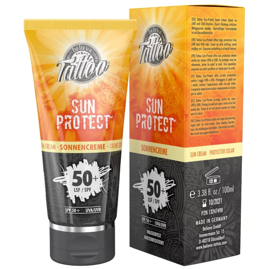 Tube und Verpackung von Believa Tattoo Sun Protect 50+ auf weißem Hintergrund