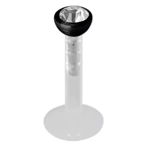 Schwarzer Push-fit Labret mit kristallklarem Stein auf weißem Hintergrund