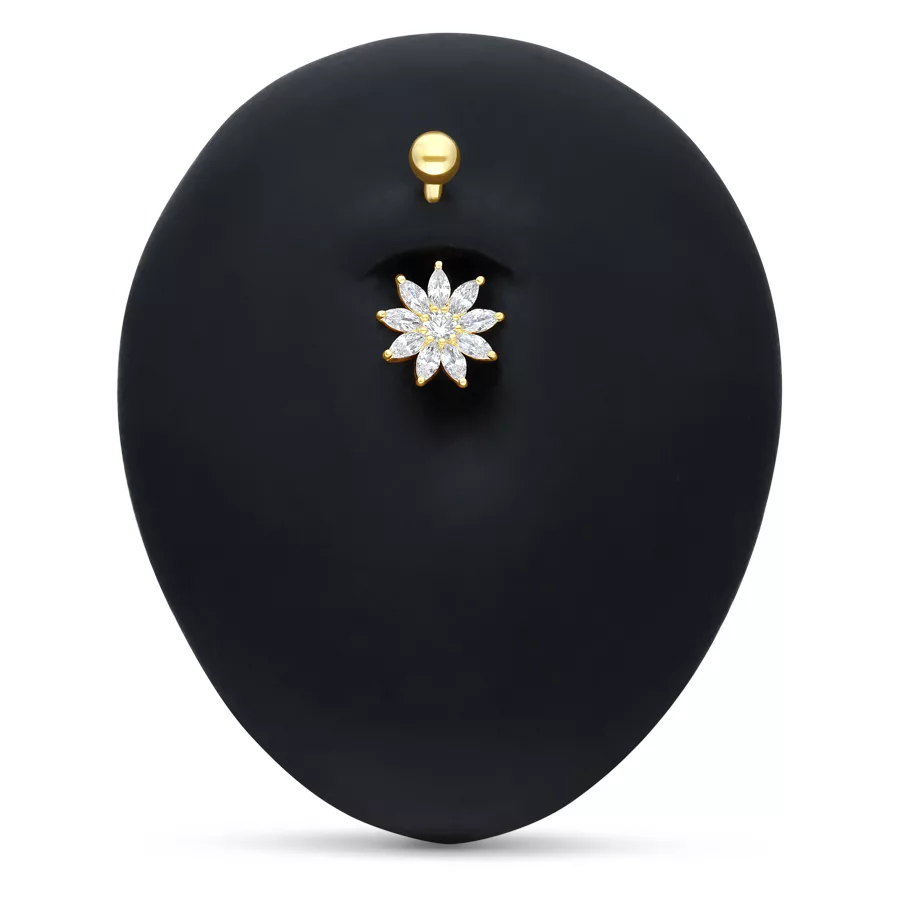 18k Gold Kristallblume Bananabell Bauchnabelpiercing aus 18k Gold mit klarer Kristallblume auf schwarzem Hintergrund