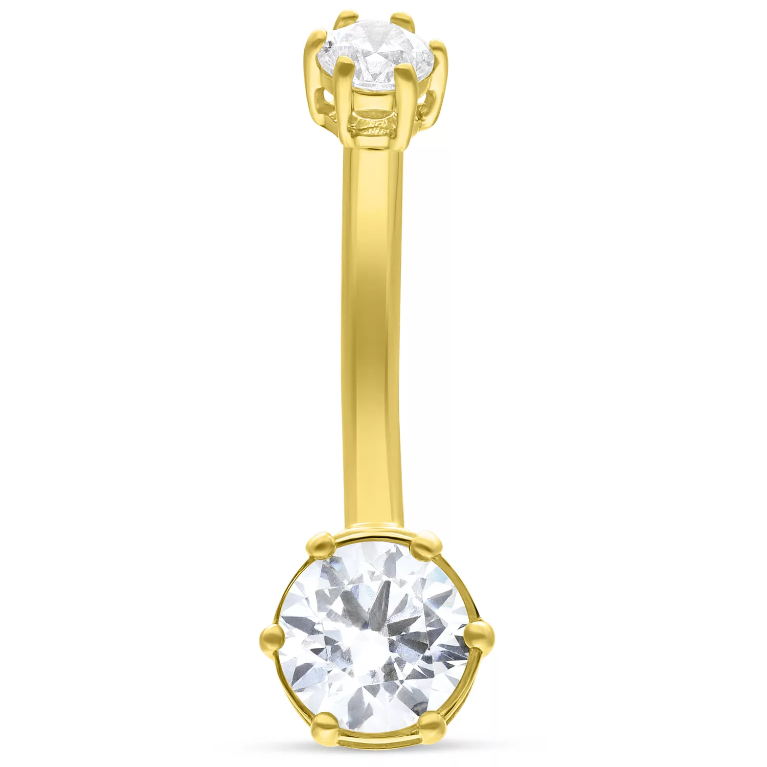 18K Gold Bananabell mit Kristallsteinen 18K Gold Bananabell mit zwei klaren Kristallsteinen auf weißem Hintergrund