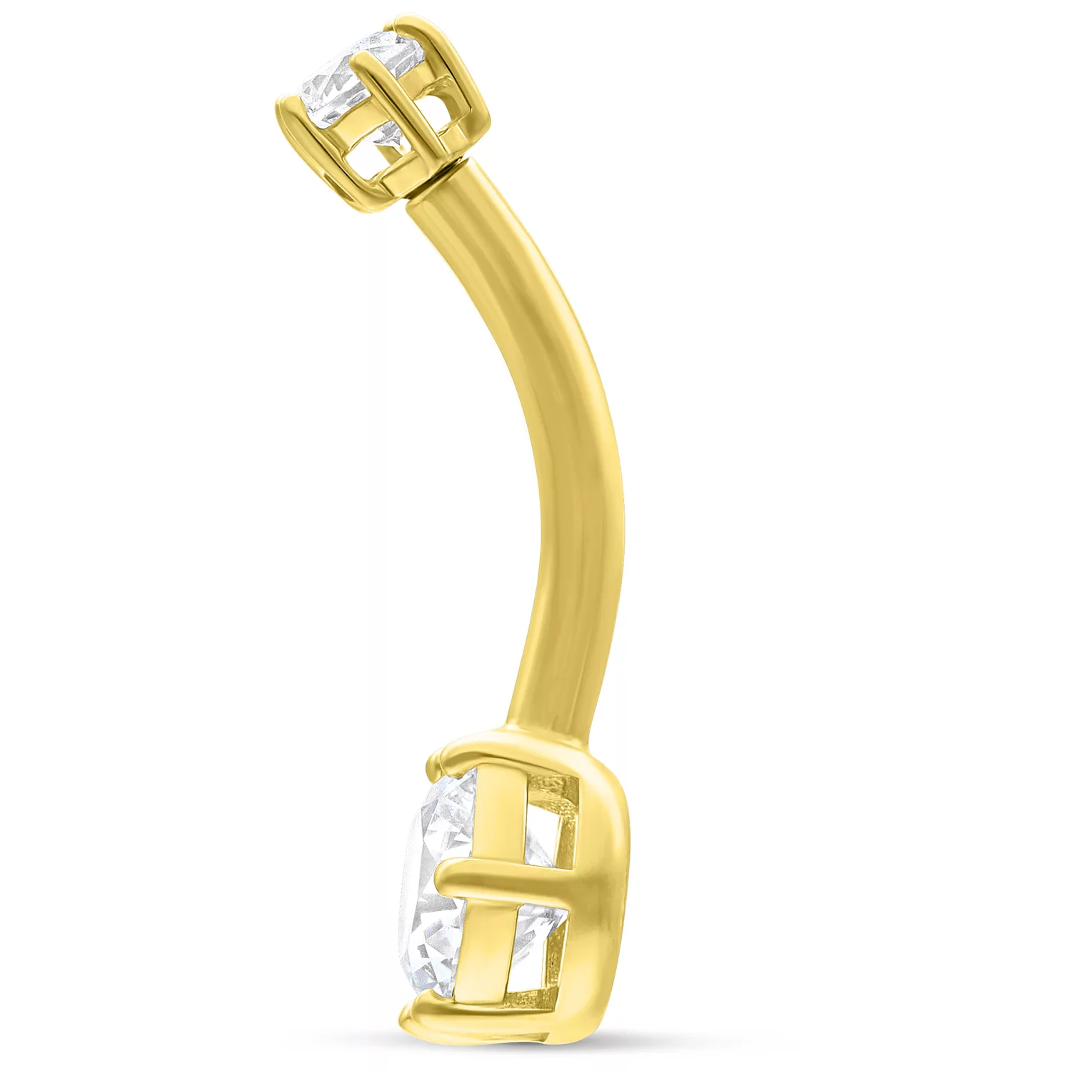 18K Bananabell mit Kristallen in Gold 18K goldenes Bananabell mit zwei klaren Kristallen auf weißem Hintergrund