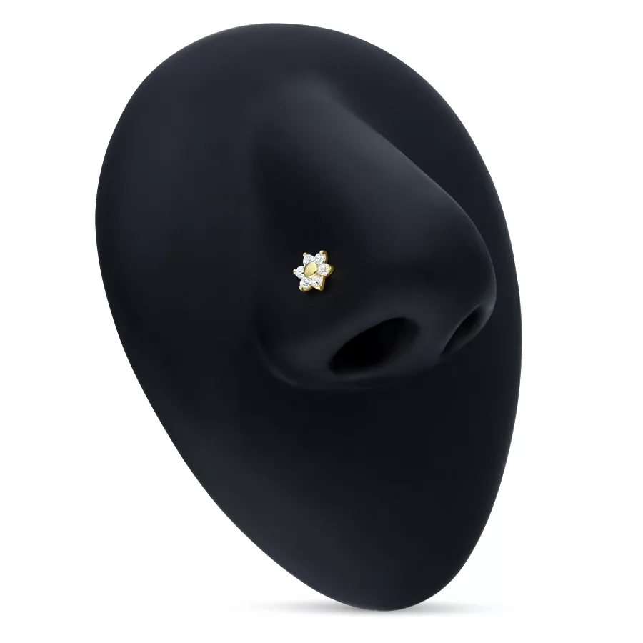 18k Gold Nasenstecker mit Kristallblume Goldener Nasenstecker mit klarer Kristallblume auf schwarzem Display