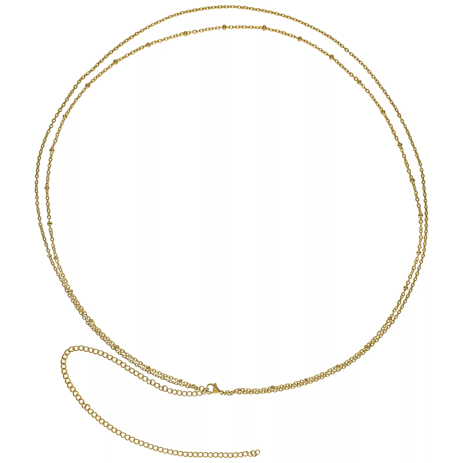 Zweireihige goldene Bauchketten aus Chirurgenstahl auf weißem Hintergrund