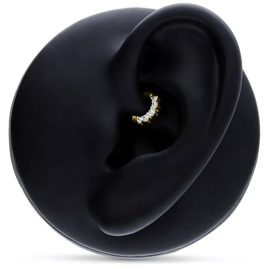 Goldener Septum Clicker mit klaren Kristallen an schwarzem Ohrmodell