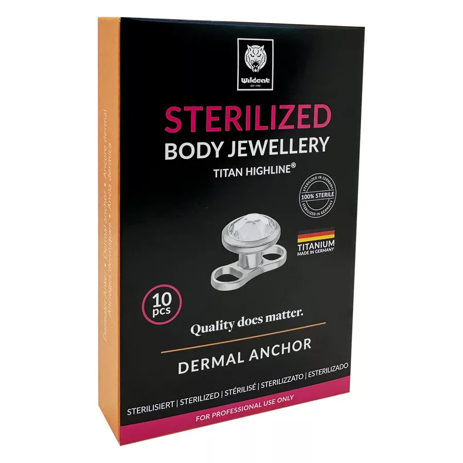 Sterilisierter Dermal Anchor mit Kristall Verpackung des sterilisierten Dermal Anchor aus Titan mit Kristall in Silber auf schwarzem Hintergrund