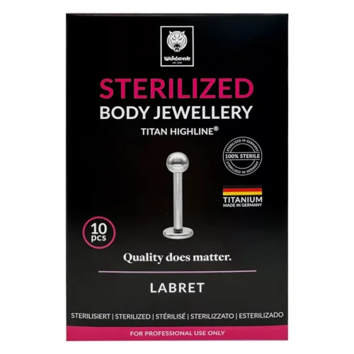 Sterilisierter Micro Labret aus Titan in Silber auf schwarzem Hintergrund