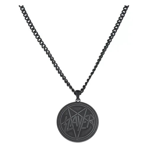 Schwarze Halskette aus Chirurgenstahl mit Slayer Pentagramm-Anhänger auf weißem Hintergrund