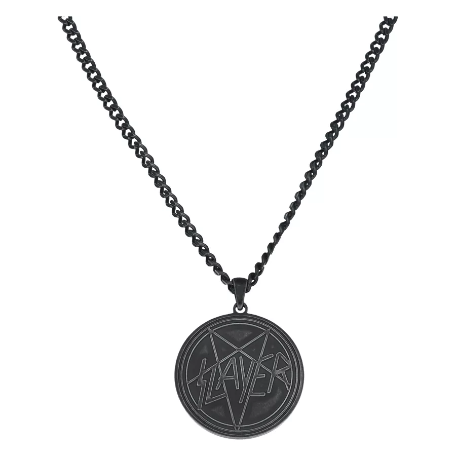Schwarze Halskette aus Chirurgenstahl mit Slayer Pentagramm-Anhänger auf weißem Hintergrund