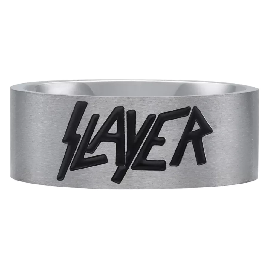 Silberner Slayer Logo Ring aus Stahl Silberner Ring mit schwarzem Slayer Logo auf weißem Hintergrund