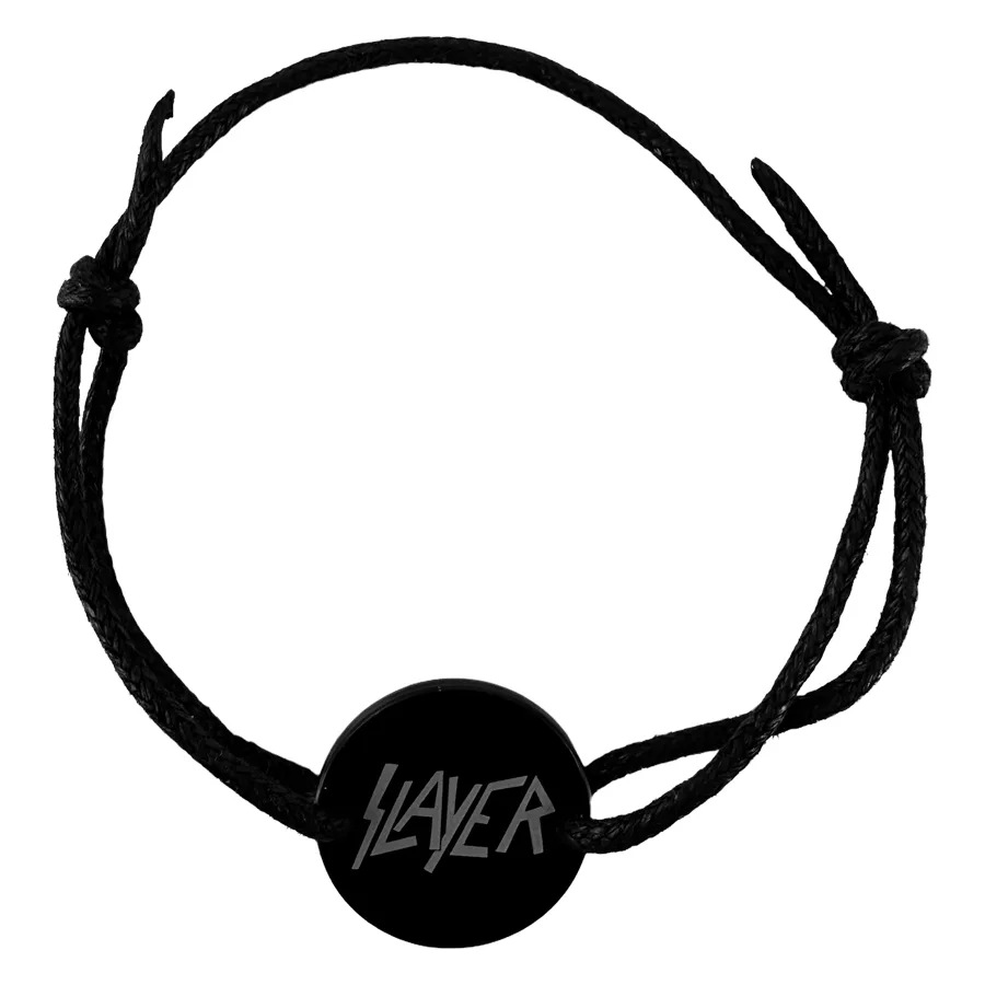 Schwarzes Slayer Wachskordel Armband Schwarzes Armband mit Slayer-Logo auf Wachskordel und silbernem Emblem