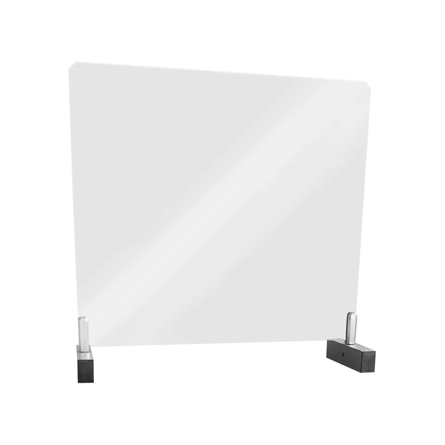 Transparente Spukschutz Schutzwand mit Halterung Klare Schutzwand mit stabilen schwarzen Halterungen auf weißem Hintergrund