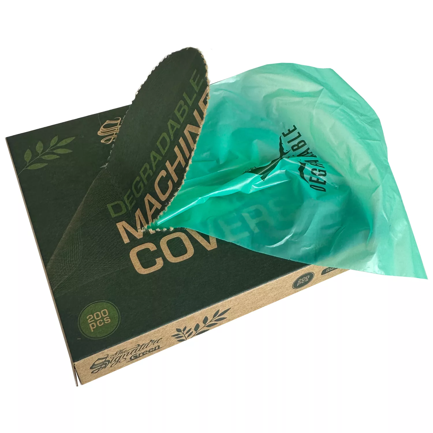Biologischabbaubare Maschinenhüllen in Grün Grüne biologischabbaubare Maschinenhülle auf Kartonverpackung