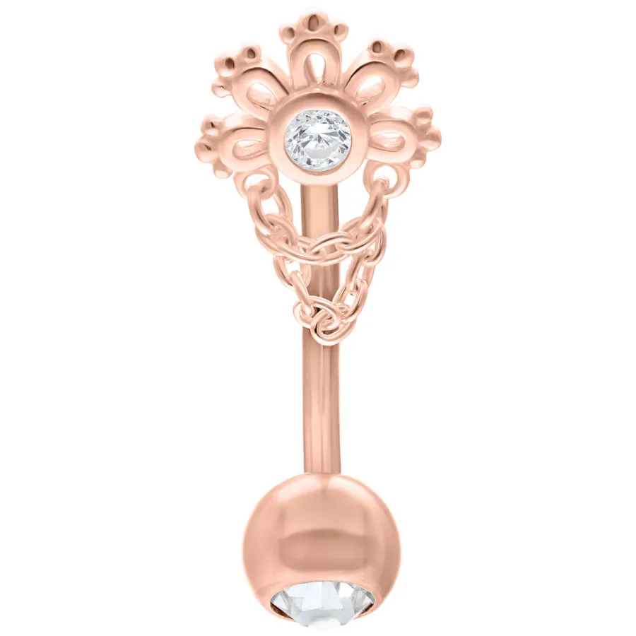 Roségoldenes Micro Bananabell mit Kristall, 12mm Länge, auf weißem Hintergrund
