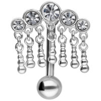 5 Kristalle Micro Bananabell in Silber Silbernes Micro Bananabell mit 5 klaren Kristallen und Anhängern auf weißem Hintergrund