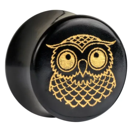 Schwarzer Horn Plug mit goldener Eulen-Grafik auf weißem Hintergrund