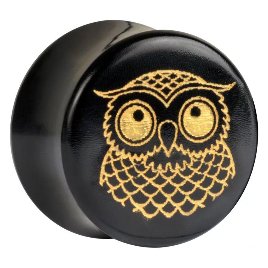 Goldene Eule auf Horn Plug Schwarzer Horn Plug mit goldener Eulen-Grafik auf weißem Hintergrund