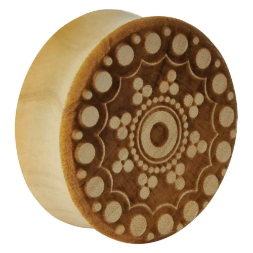 Runder Holz Plug mit dekorativem Pavo Muster auf weißem Hintergrund