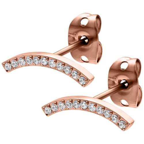 Zwei roségoldene Ohrstecker mit klaren Kristallen auf weißem Hintergrund