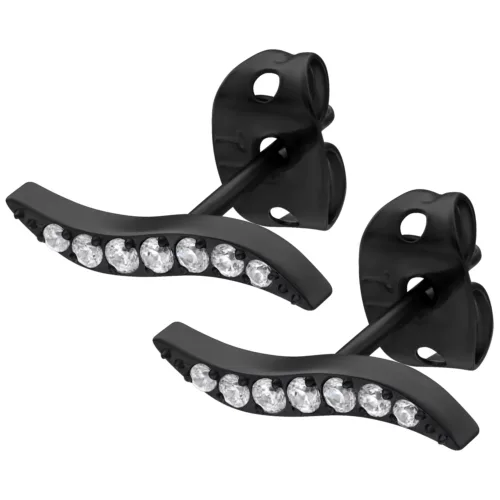 Schwarze Ohrstecker mit klaren Kristallen auf weißem Hintergrund