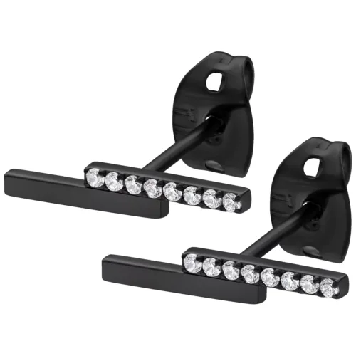 Zwei schwarze Ohrstecker mit klaren Kristallen auf weißem Hintergrund