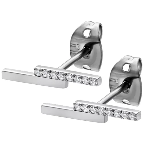 Silberne Ohrstecker mit horizontalem Kristallbalken auf weißem Hintergrund