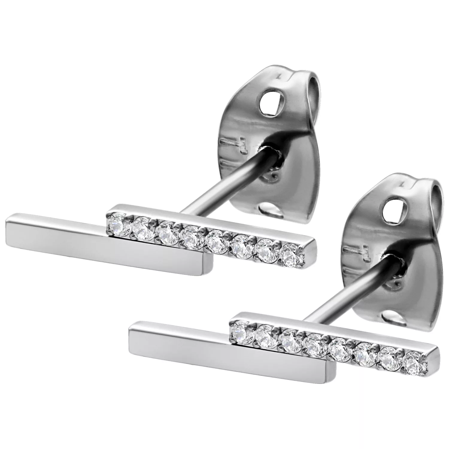 Silberne Ohrstecker mit horizontalem Kristallbalken auf weißem Hintergrund